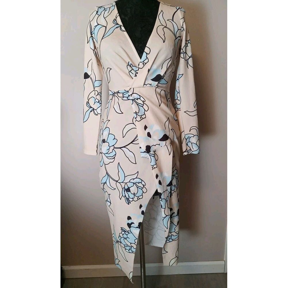 Asos Women Pastel Peach  Blue White Textured Floral Faux‎ Wrap Dress Size 6